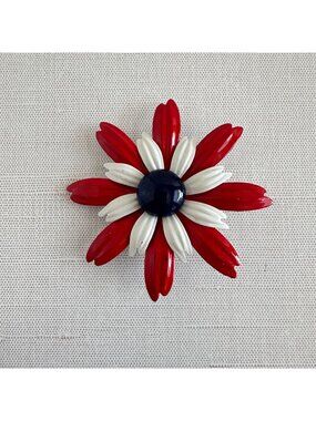 1960s Red White Navy Enamel Daisy Brooch, Patriotic Two Layer Flower Pin